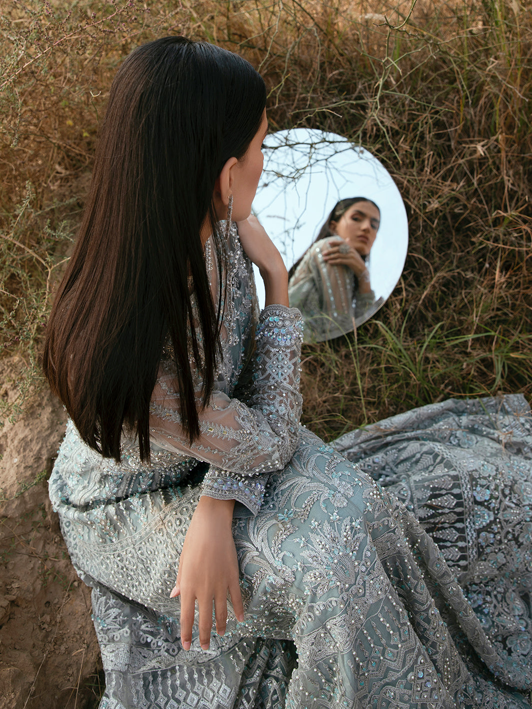 Pakistani Misty Silver Embroidered Net Bridal Maxi (2-Piece) - Image 4