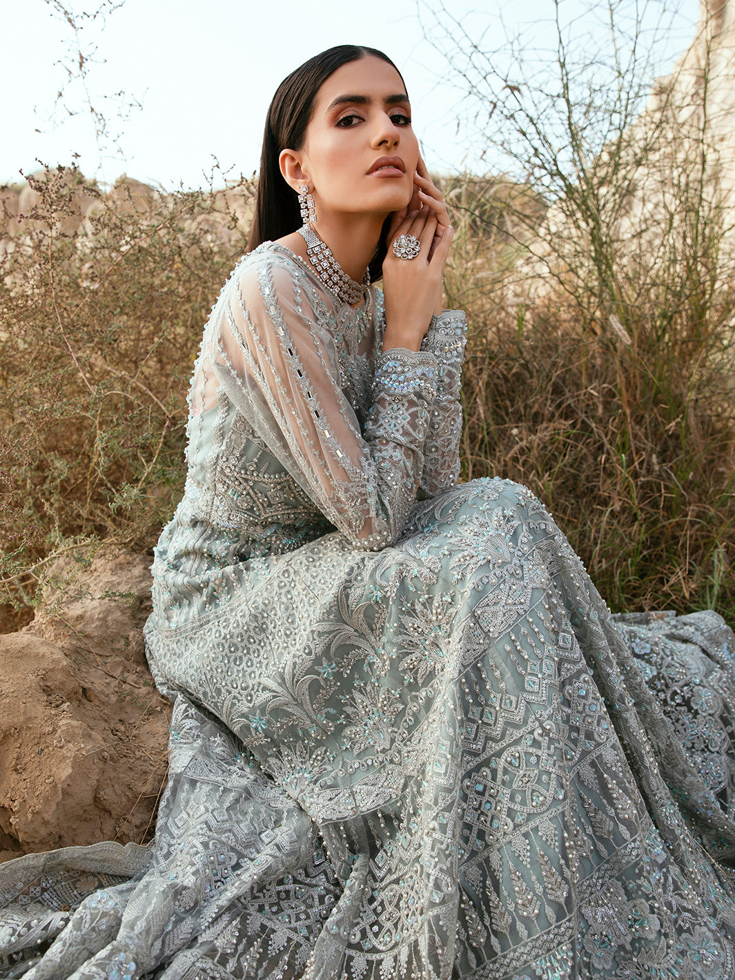 Pakistani Misty Silver Embroidered Net Bridal Maxi (2-Piece) - Image 5