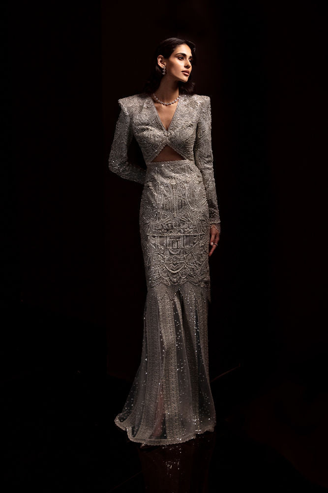 Pakistani Silver Grey Swarovski Crystal Net Gown (1-Pc) - Image 1