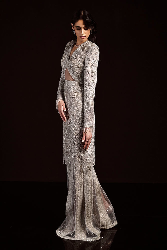 Pakistani Silver Grey Swarovski Crystal Net Gown (1-Pc) - Image 2
