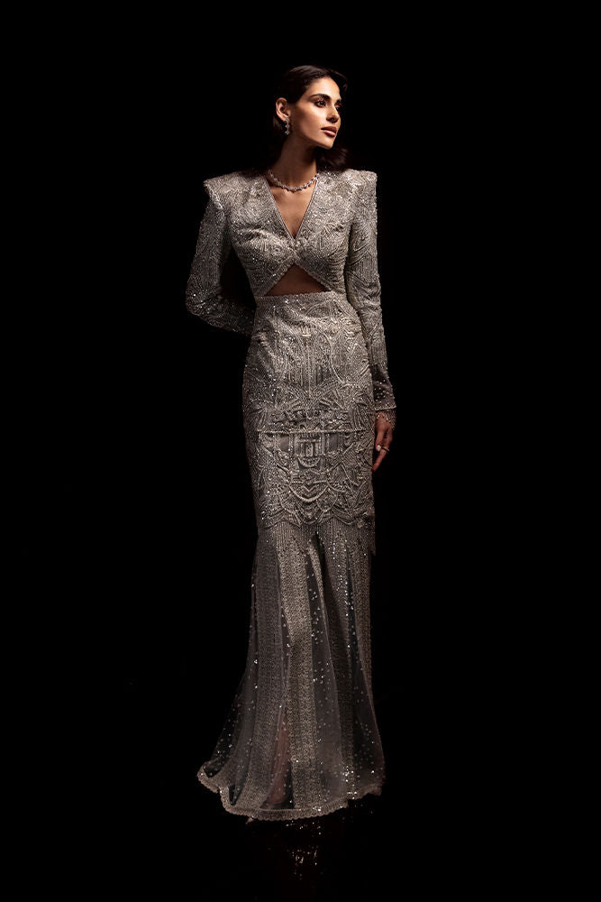 Pakistani Silver Grey Swarovski Crystal Net Gown (1-Pc) - Image 4