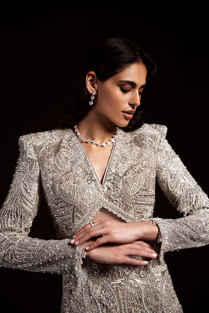 Pakistani Silver Grey Swarovski Crystal Net Gown (1-Pc) - Image 5