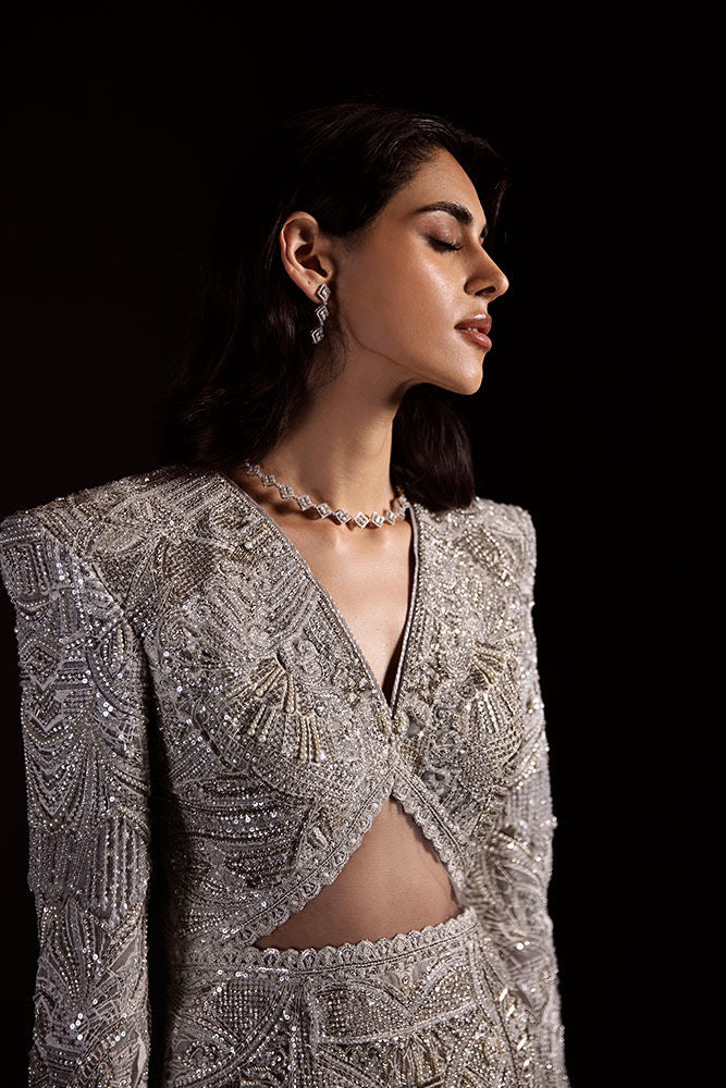 Pakistani Silver Grey Swarovski Crystal Net Gown (1-Pc) - Image 6