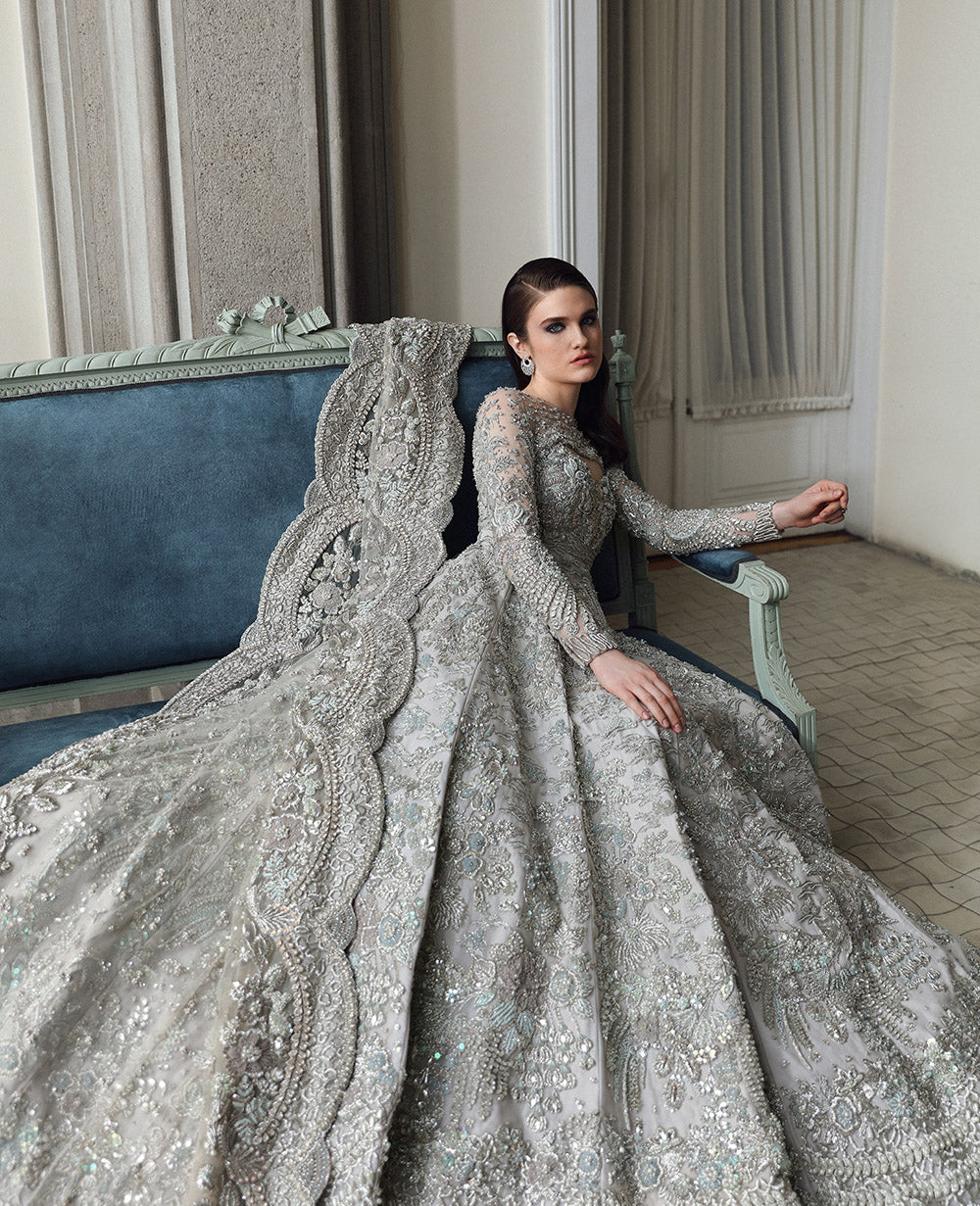 Pakistani Pastel Silver Embellished Net Gown (2-Piece) - Image 3