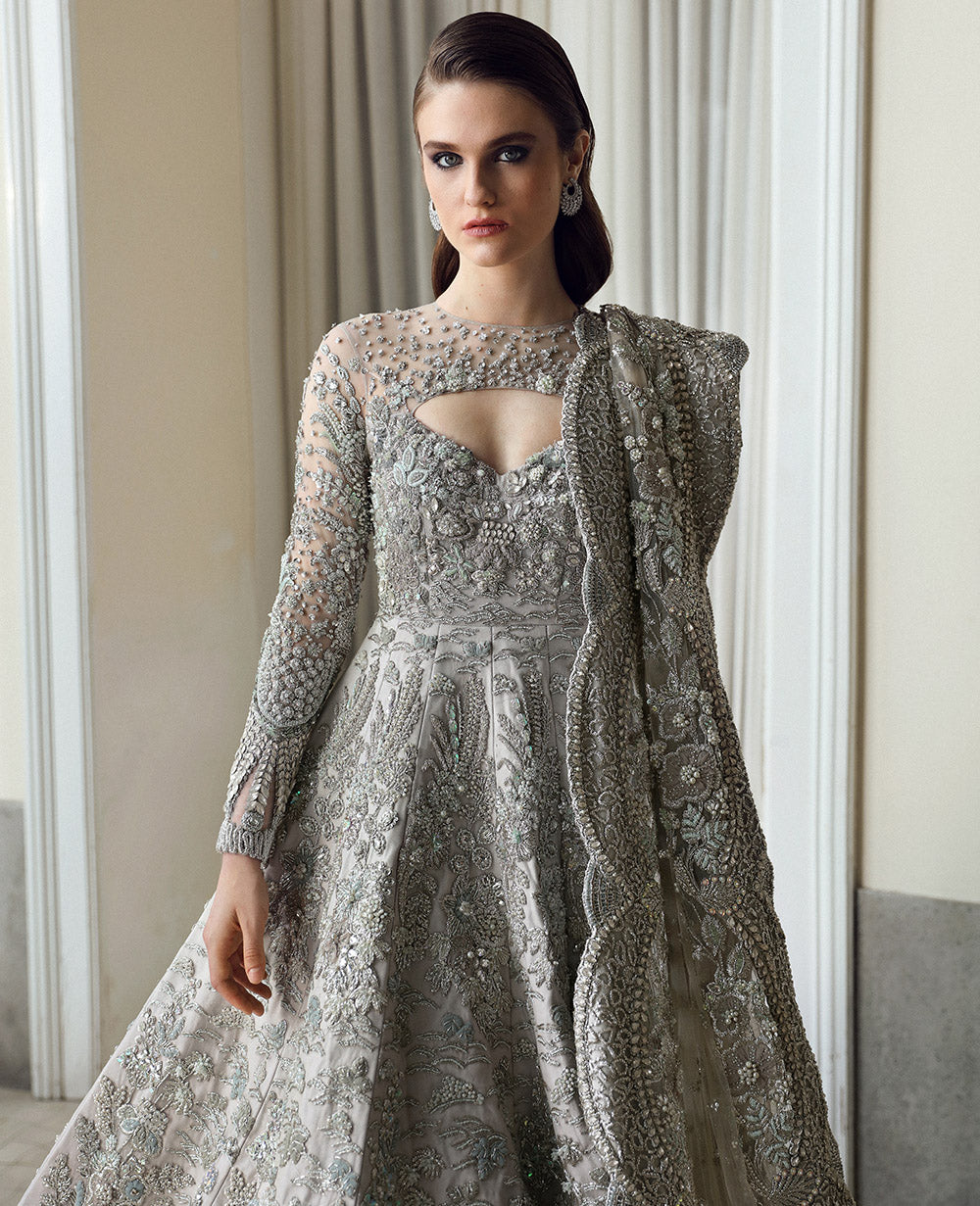 Pakistani Pastel Silver Embellished Net Gown (2-Piece) - Image 4