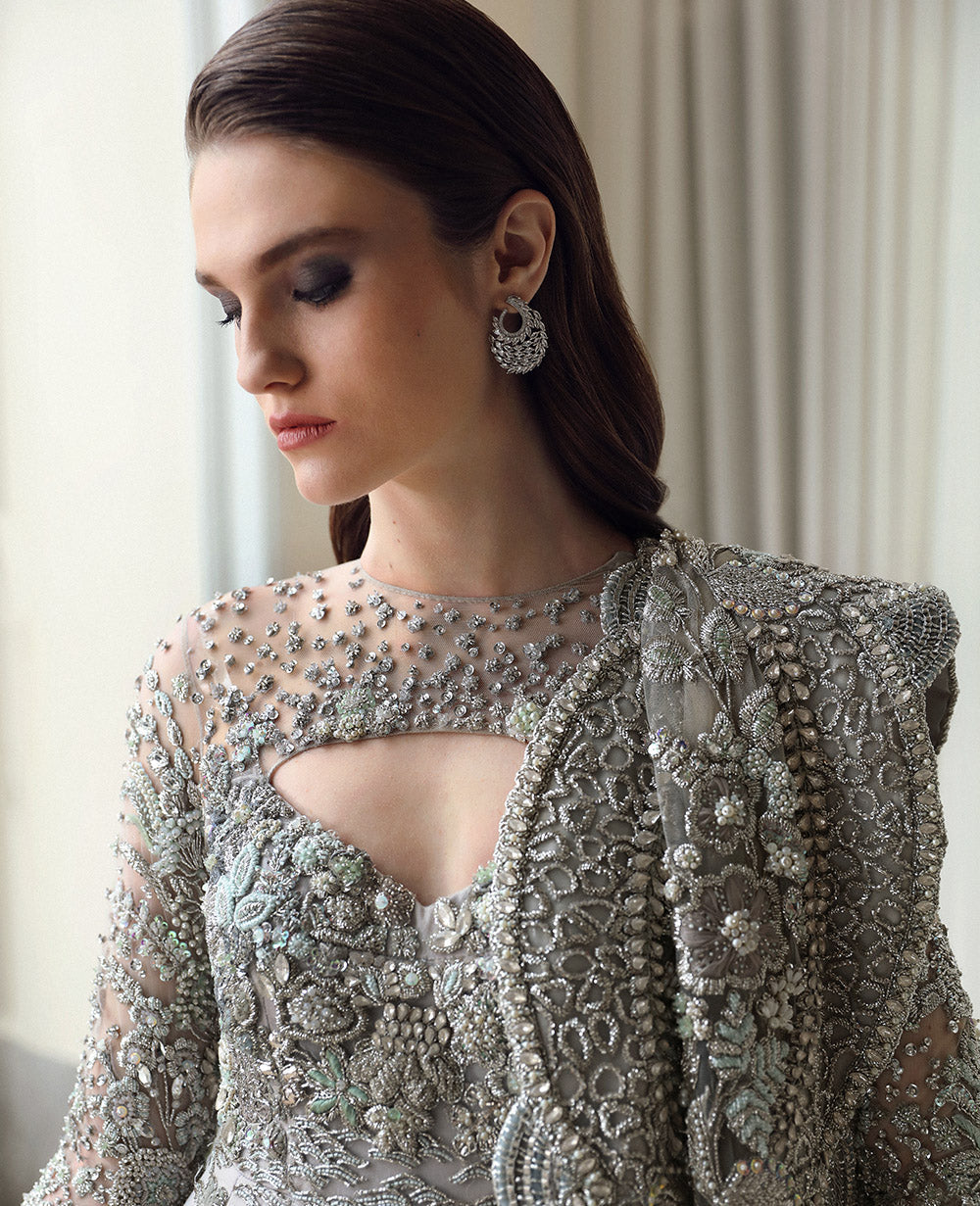 Pakistani Pastel Silver Embellished Net Gown (2-Piece) - Image 5