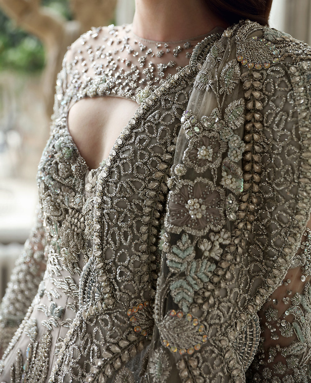 Pakistani Pastel Silver Embellished Net Gown (2-Piece) - Image 6