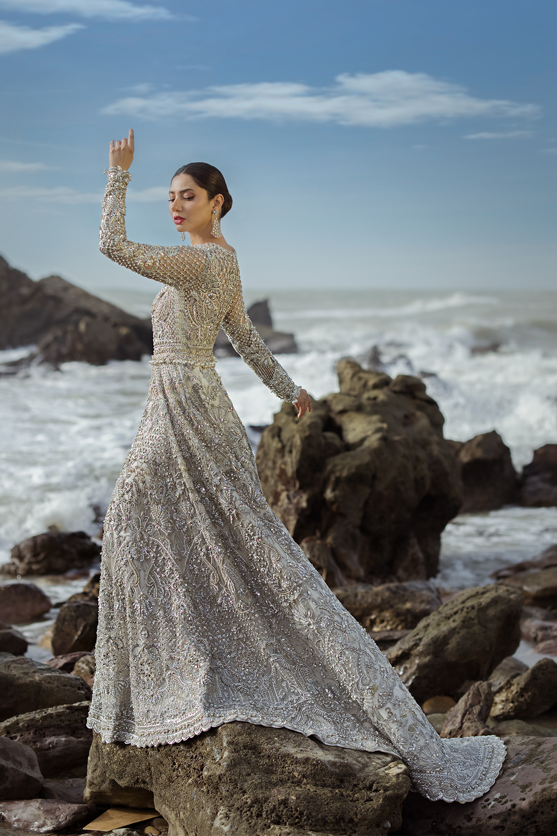 Silver Hand-Embellished Net Gown (2-Piece) - Image 2