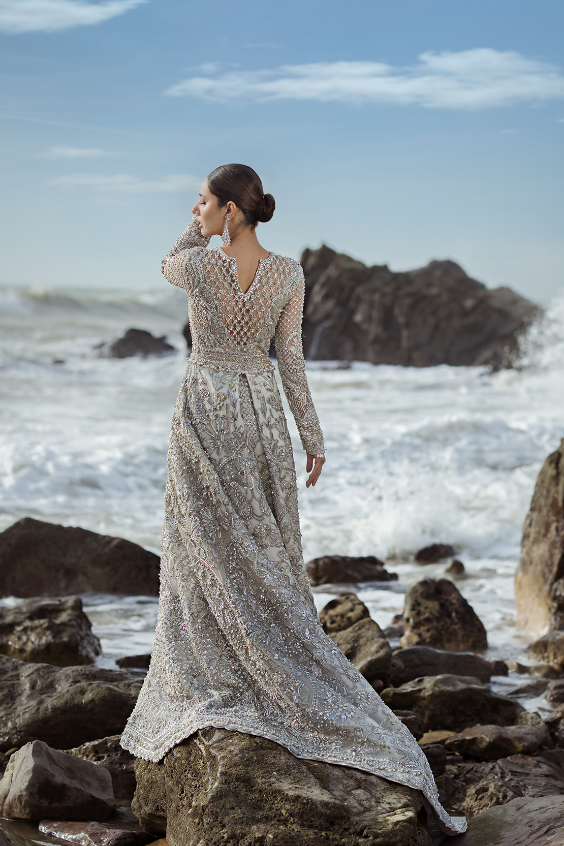 Silver Hand-Embellished Net Gown (2-Piece) - Image 4