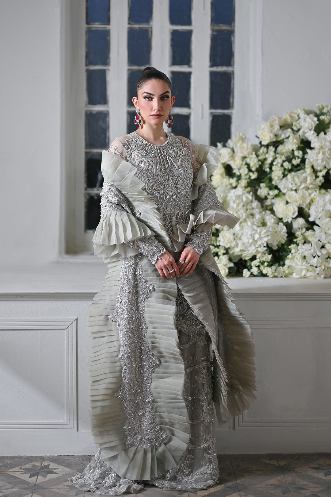 Smokey Silver Embroidered Net Gown (2-Piece) - Image 1