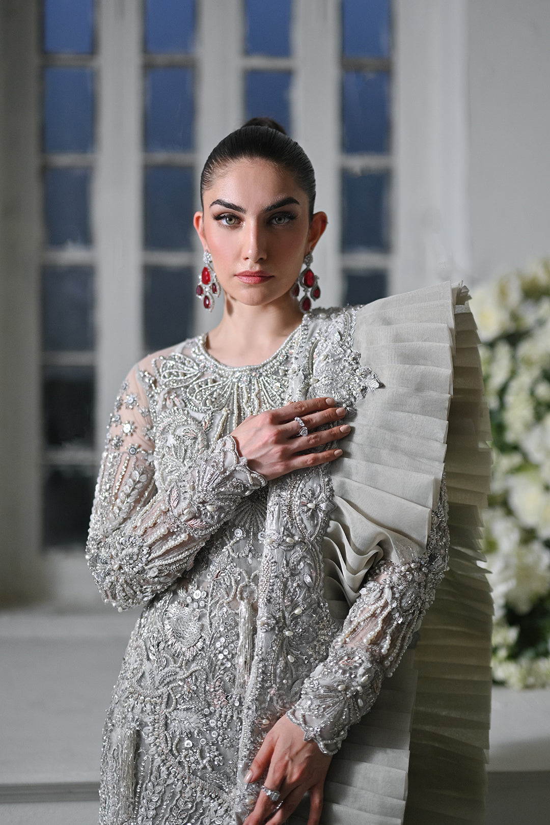 Smokey Silver Embroidered Net Gown (2-Piece) - Image 2