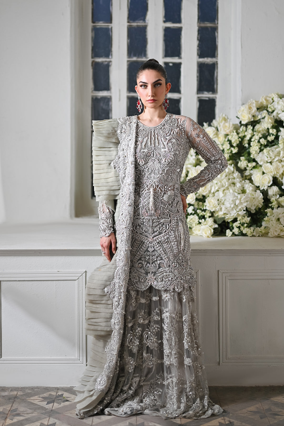 Smokey Silver Embroidered Net Gown (2-Piece) - Image 3