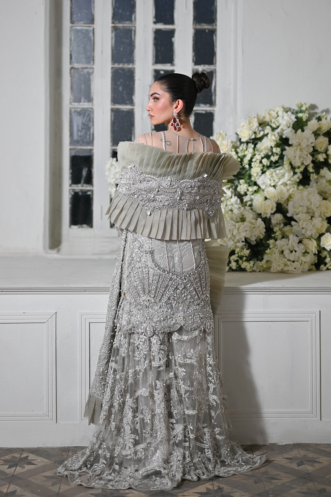 Smokey Silver Embroidered Net Gown (2-Piece) - Image 4