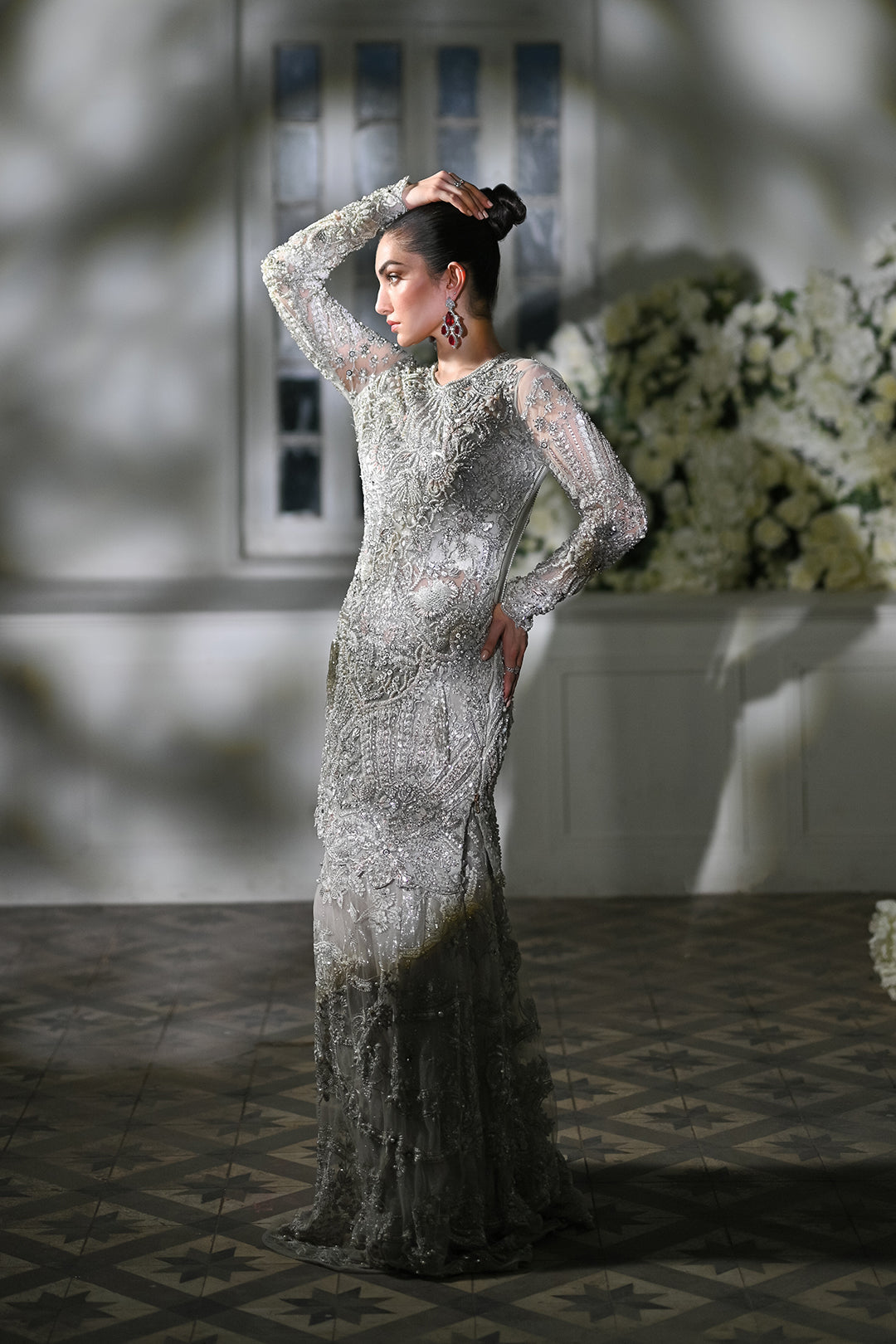 Smokey Silver Embroidered Net Gown (2-Piece) - Image 5