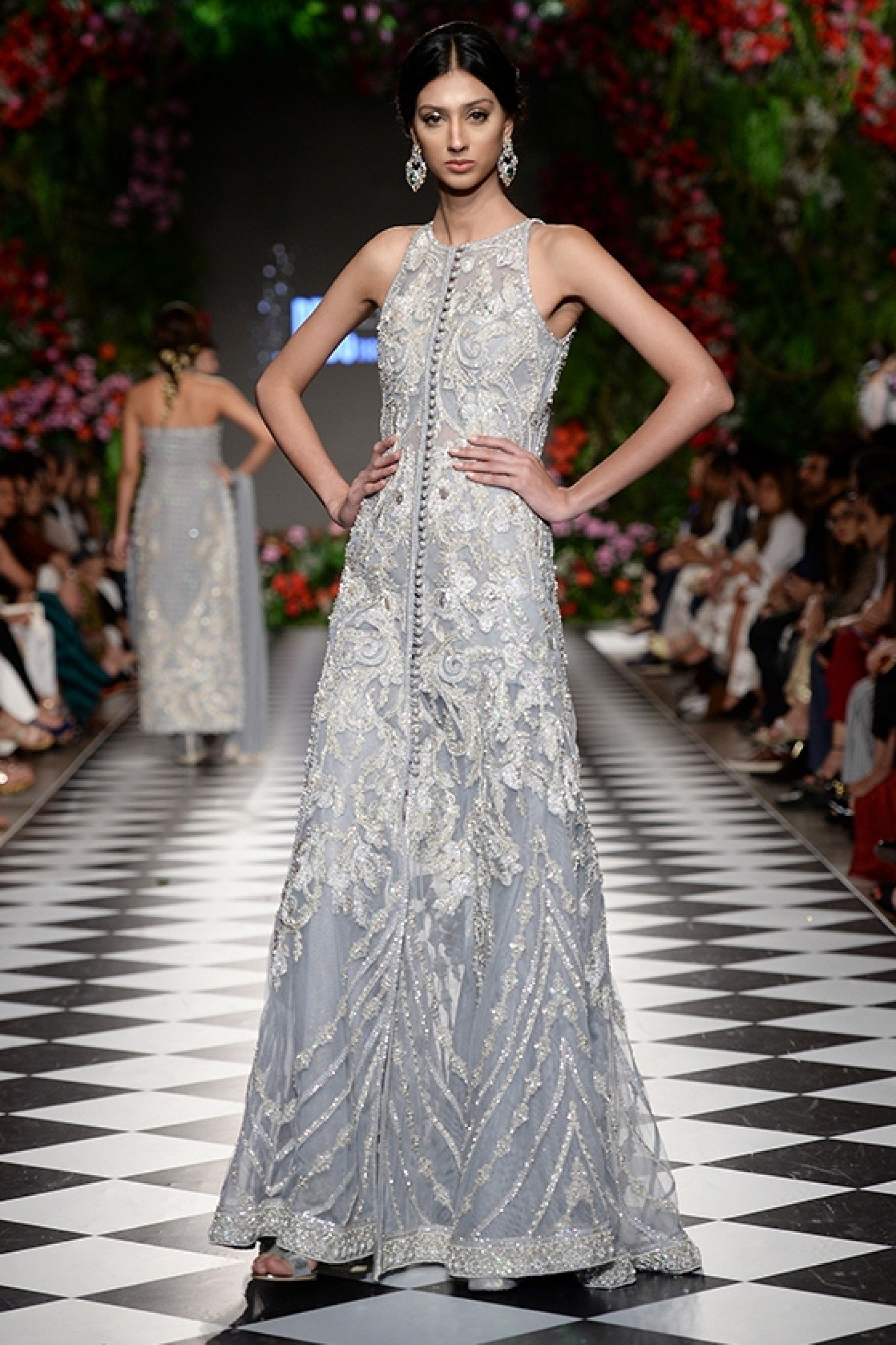 Silver Grey Embellished Net Halter Gown (1-Pc) - Image 1