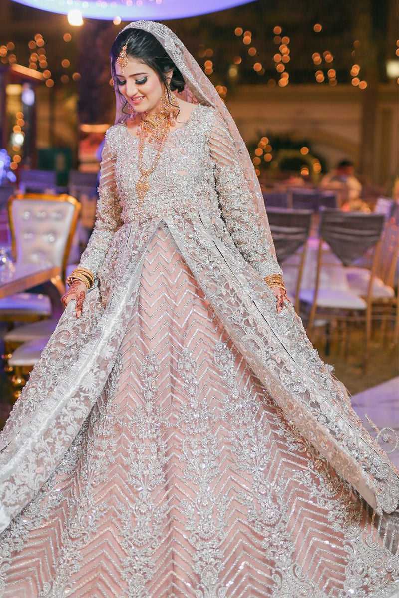 Pakistani Silver Embellished Net Organza Bridal Gown (2-Piece) - Image 1