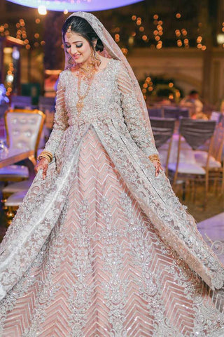 Pakistani Silver Embellished Net Organza Bridal Gown (2-Piece) - Image 2