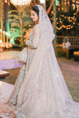 Pakistani Silver Embellished Net Organza Bridal Gown (2-Piece) - Image 3