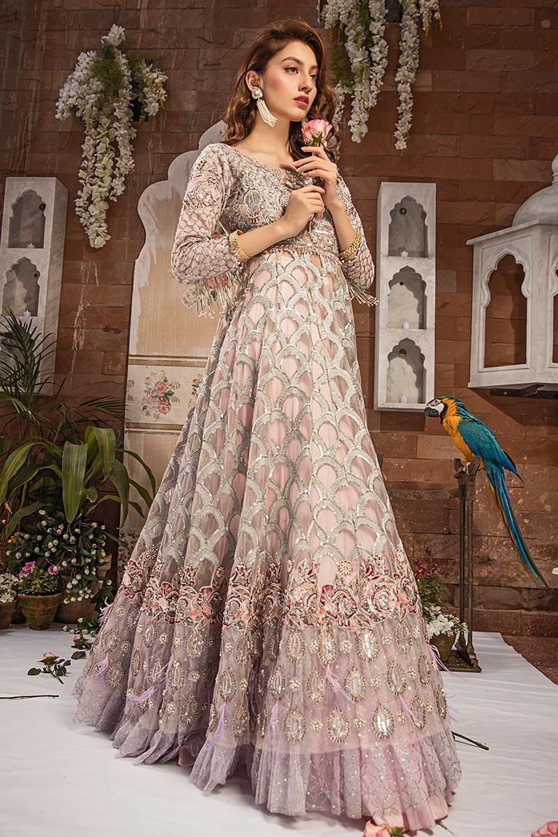 Pakistani Silver Embroidered Net Bridal Gown (3-Piece) - Image 3