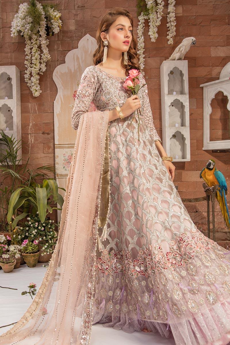 Pakistani Silver Embroidered Net Bridal Gown (3-Piece) - Image 6
