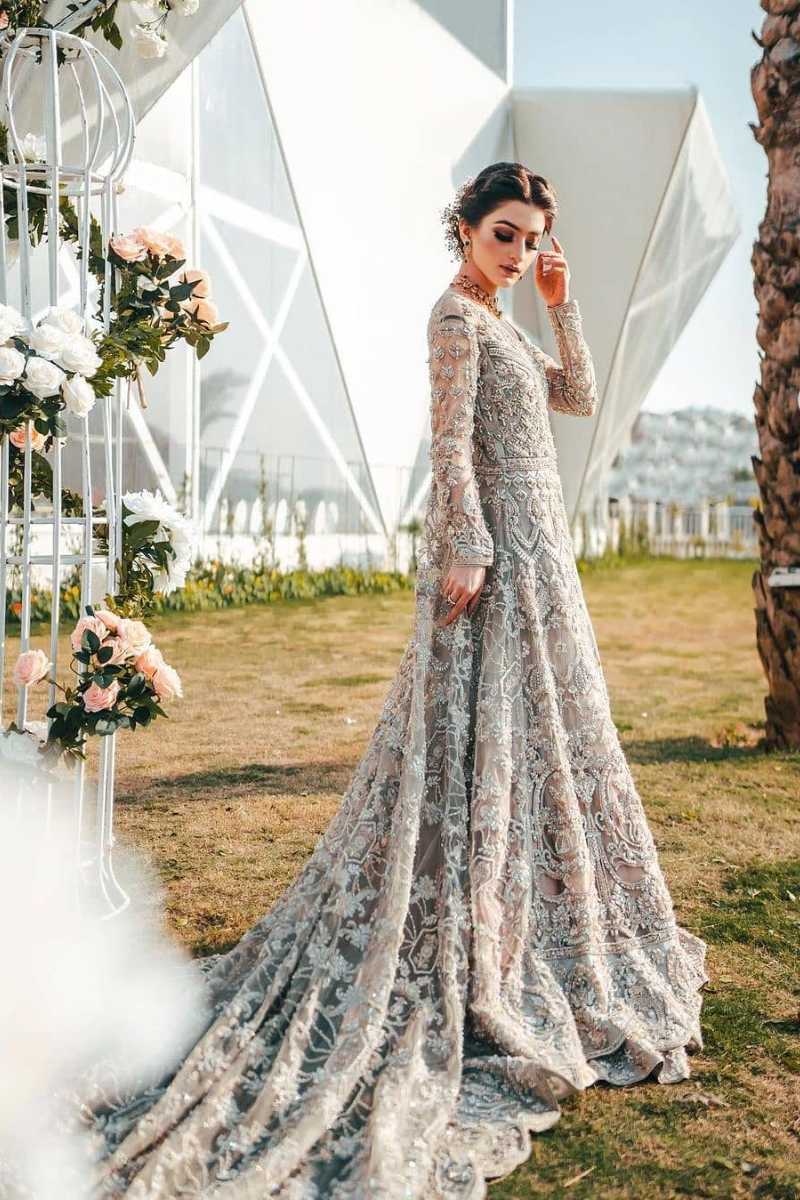 Pakistani Silver Grey Embellished Net Bridal Gown (1-Pc) - Image 1