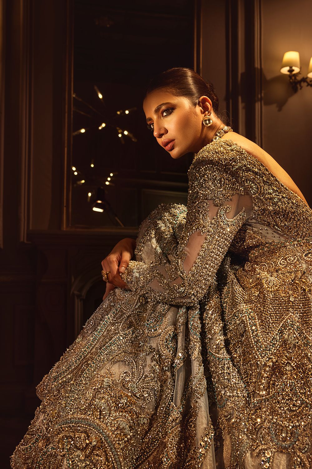 Pakistani Silver Grey Embellished Net Bridal Gown (2-Piece) - Image 2