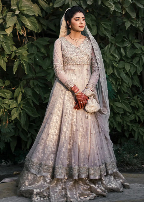Pakistani Silver Grey Embellished Net Bridal Gown (2-Piece) - Image 1
