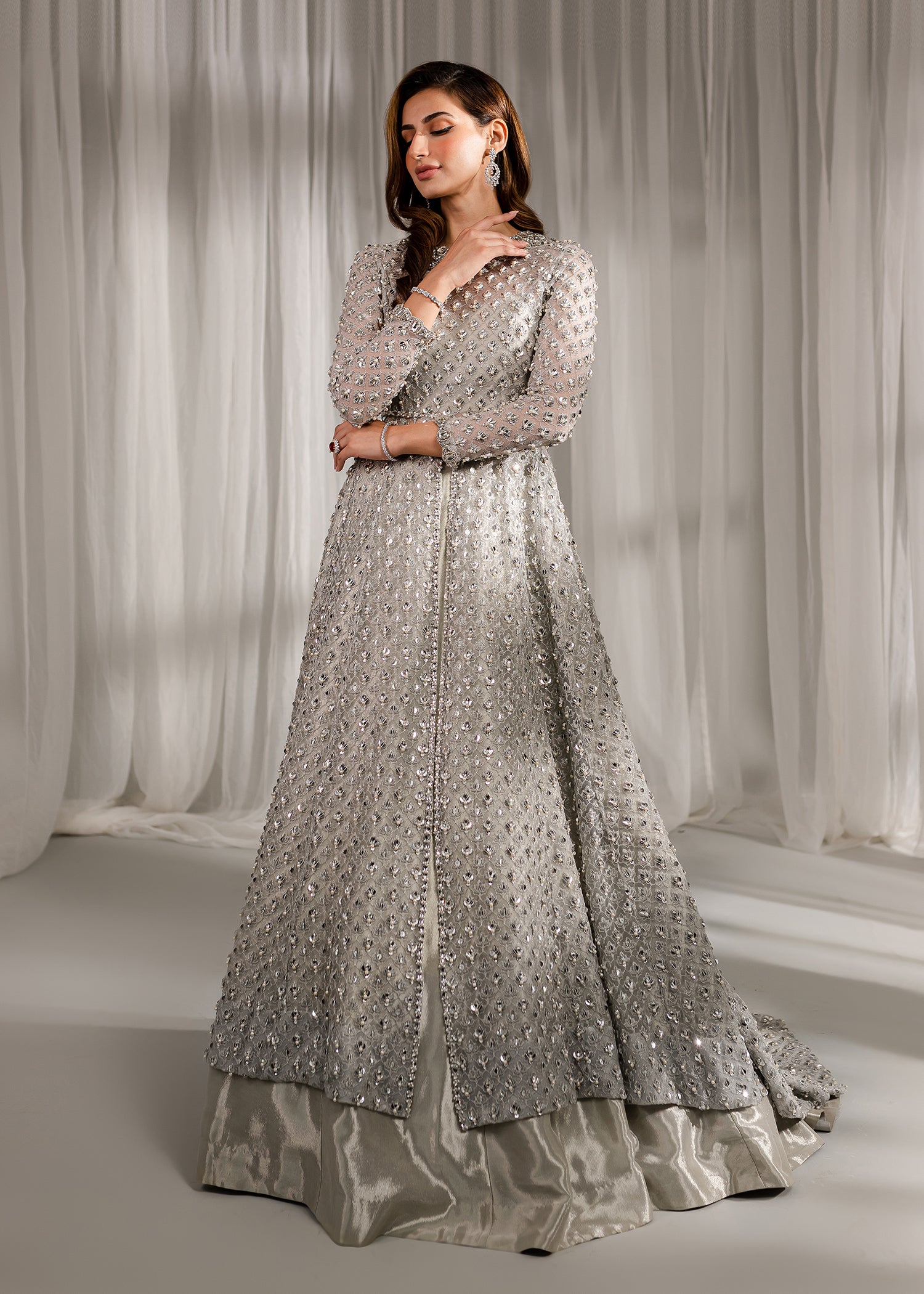 Silver Crystal Pearl Net Tissue Bridal Gown (3-Piece) - Image 5