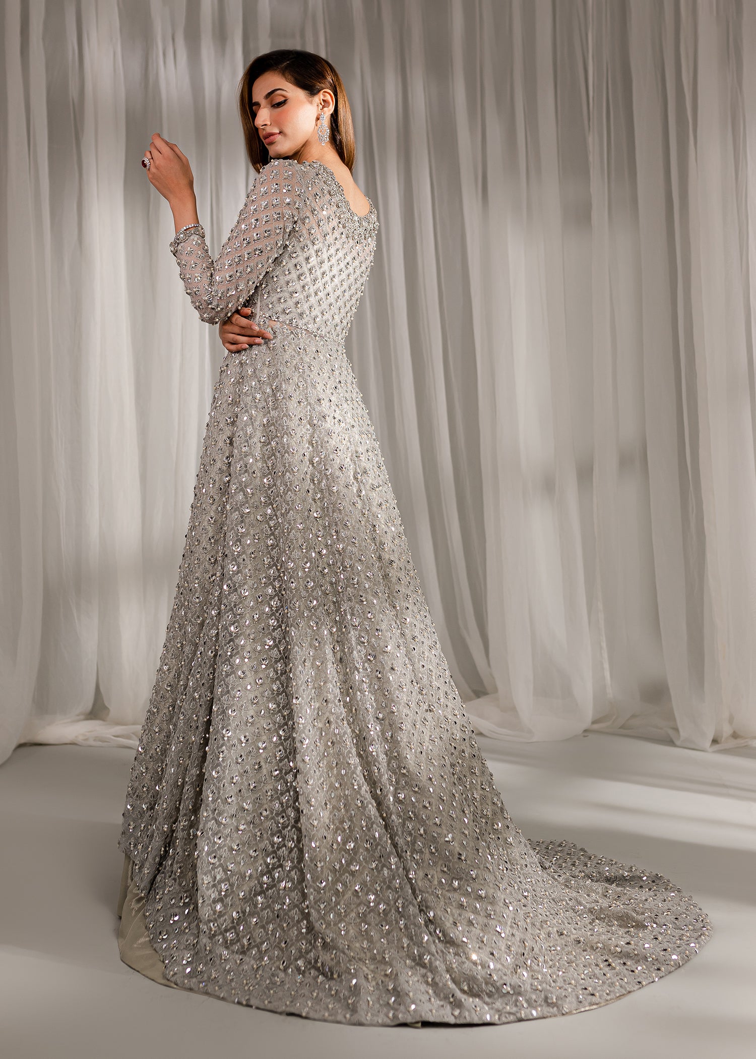 Silver Crystal Pearl Net Tissue Bridal Gown (3-Piece) - Image 6