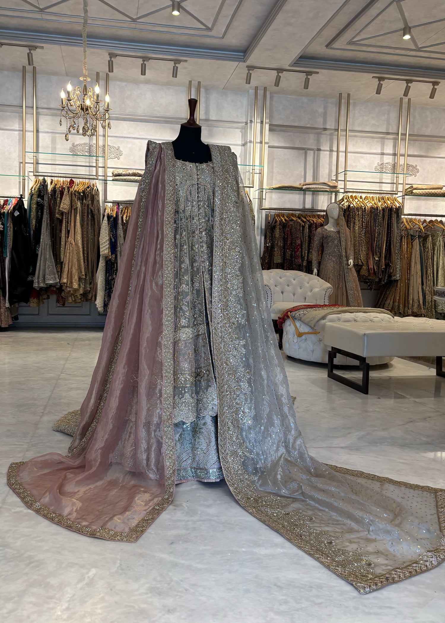 Silver Grey Embellished Net Bridal Gown (3-Piece) - Image 1