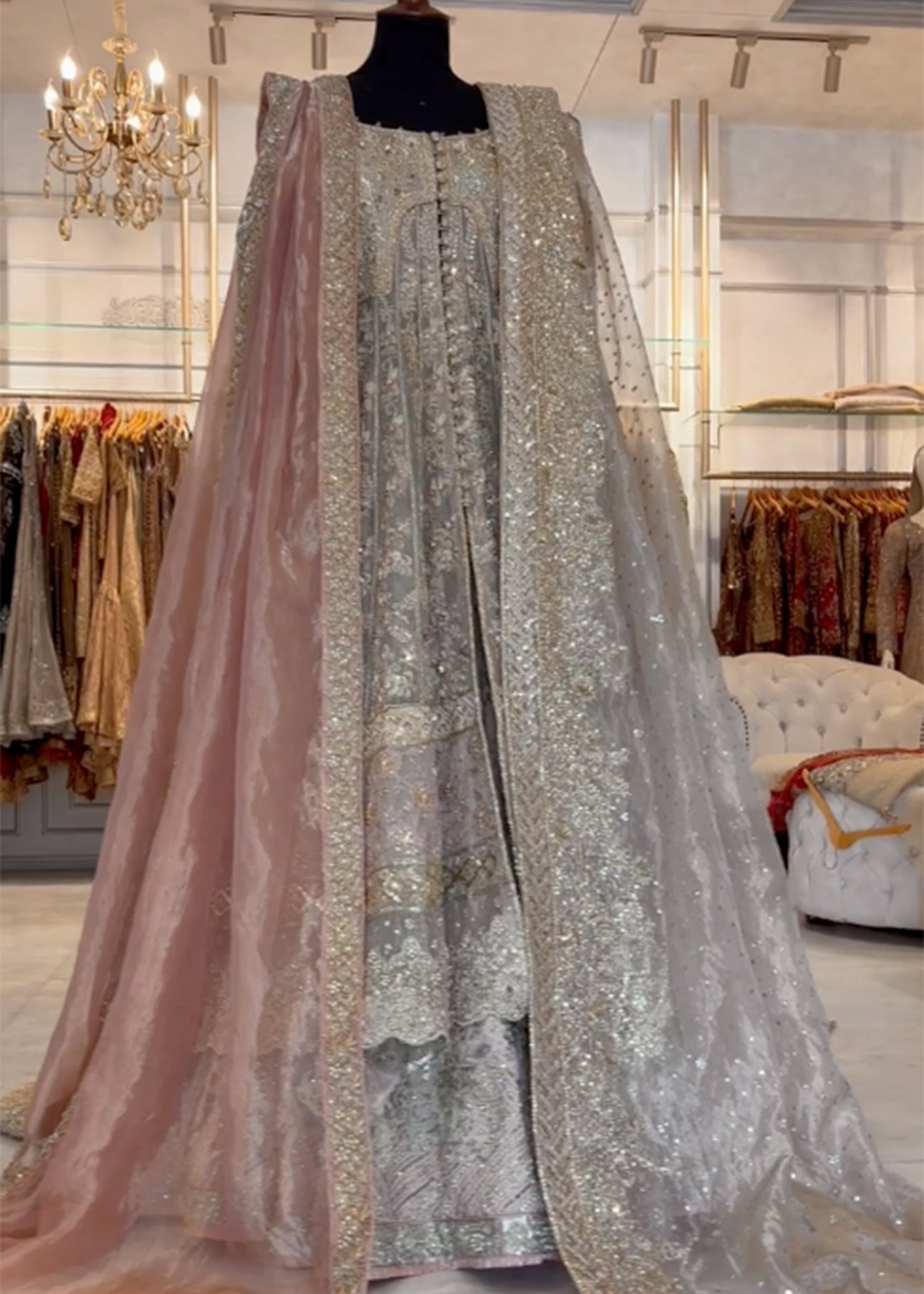 Silver Grey Embellished Net Bridal Gown (3-Piece) - Image 2