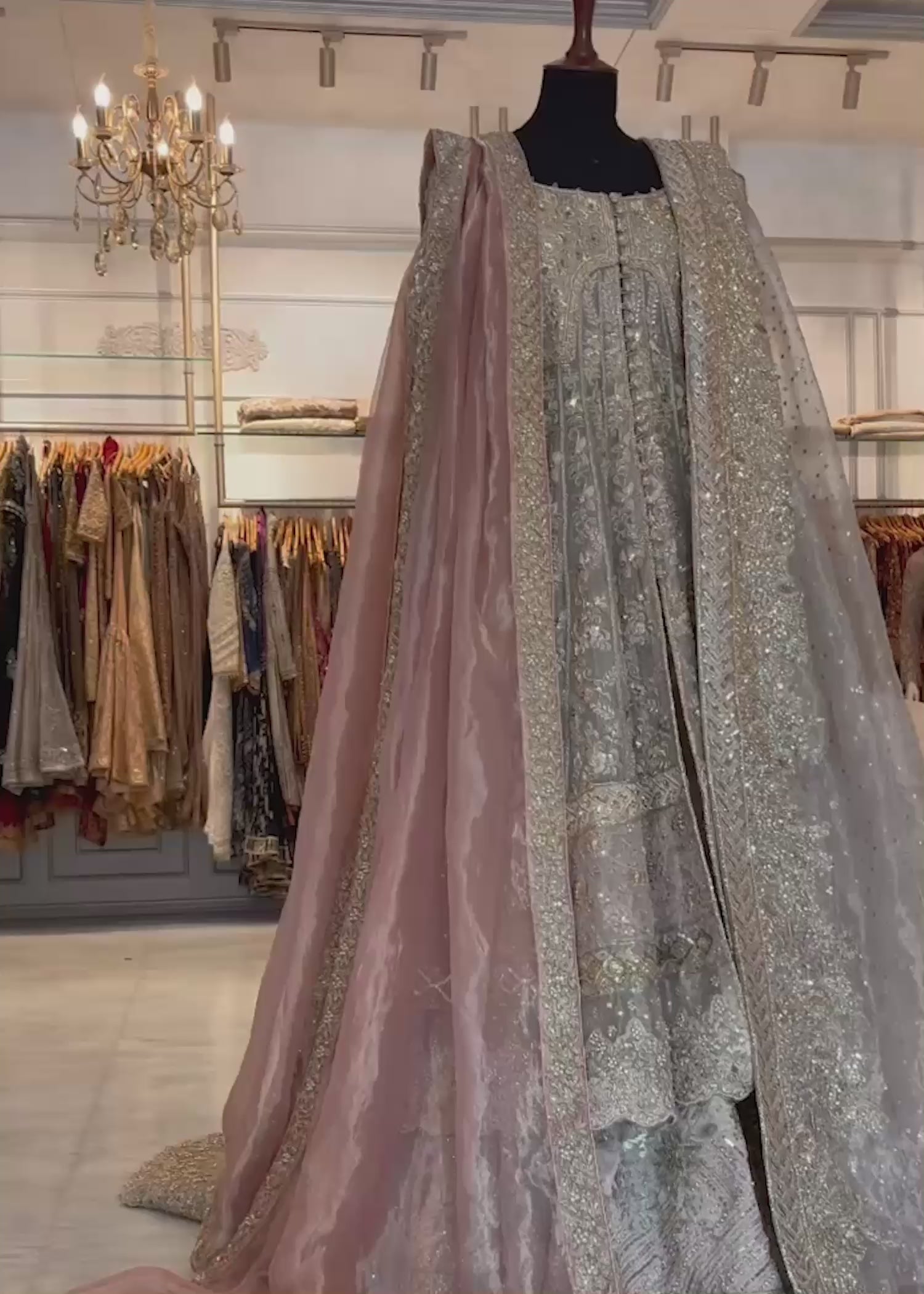 Silver Grey Embellished Net Bridal Gown (3-Piece) - Image 3