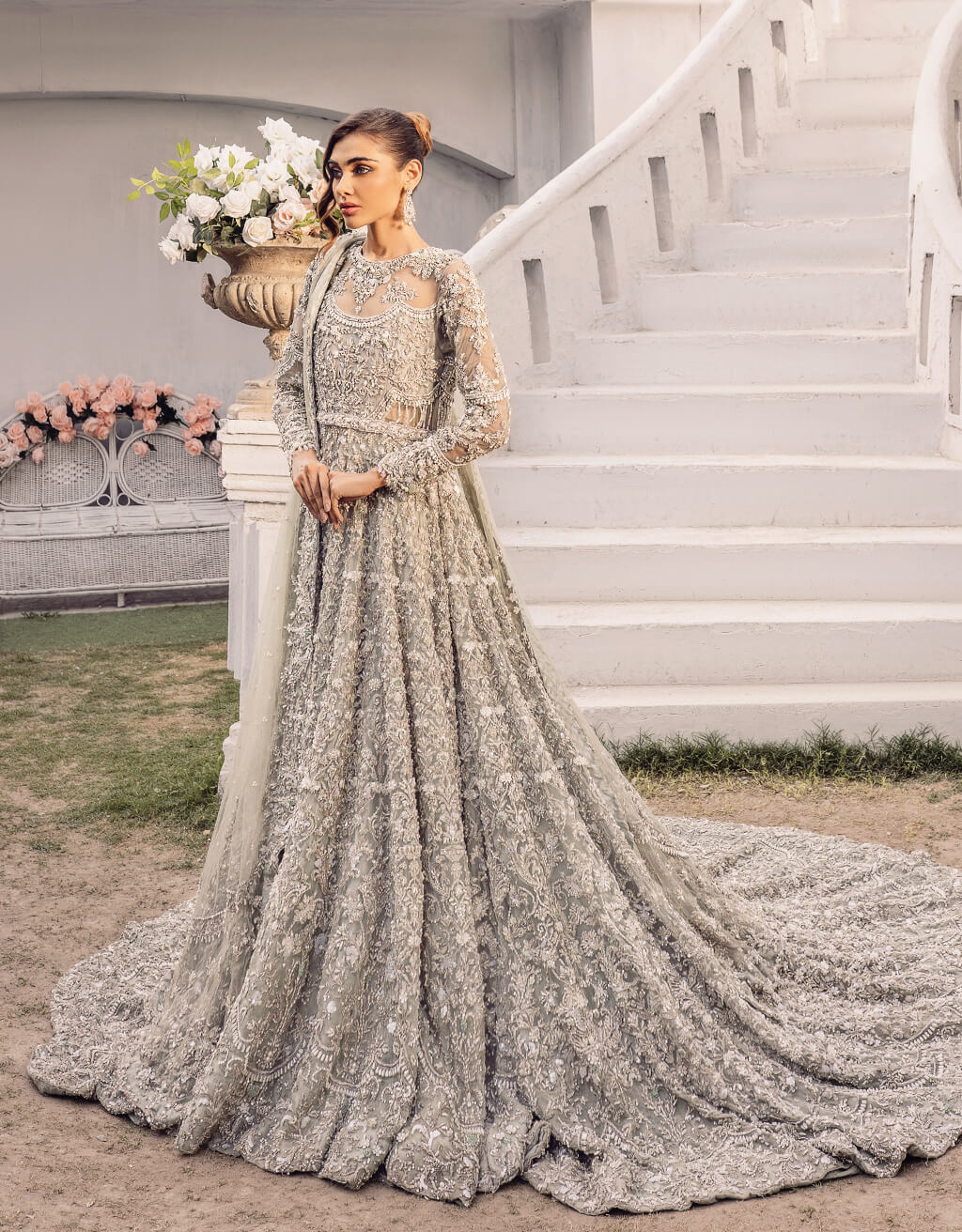 Pakistani Silver Grey Zardozi Net Bridal Gown (2-Piece) - Image 1
