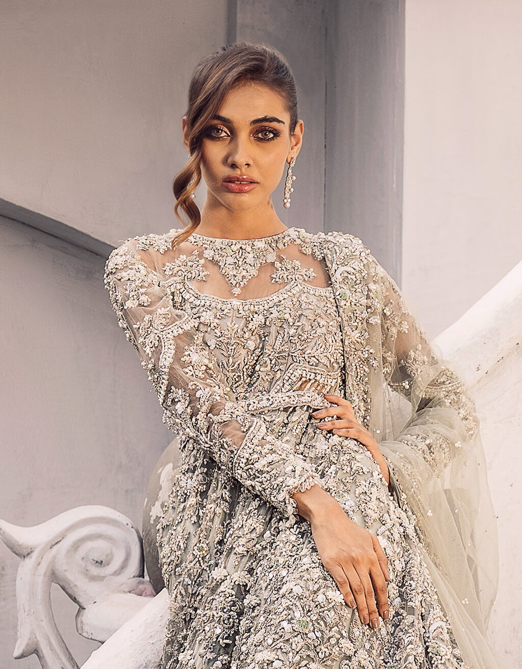 Pakistani Silver Grey Zardozi Net Bridal Gown (2-Piece) - Image 2