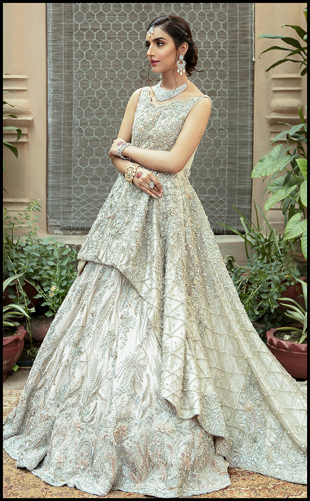 Silver Grey Embellished Net Organza Bridal Gown (2-Piece) - Image 2