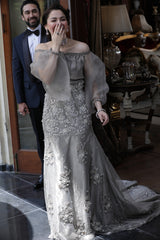Pakistani Grey-Silver Beaded Organza Mermaid Gown (2-Piece) - Image 2
