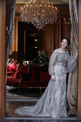 Pakistani Grey-Silver Beaded Organza Mermaid Gown (2-Piece) - Image 3