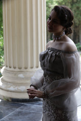 Pakistani Grey-Silver Beaded Organza Mermaid Gown (2-Piece) - Image 4