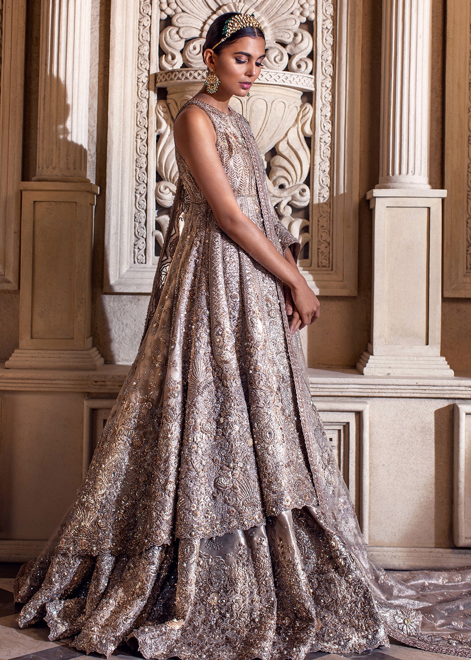 Pakistani Platinum Metallic Embellished Organza Bridal Gown (2-Piece) - Image 4