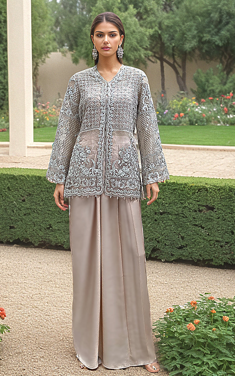 Silver Grey Embroidered Organza Jacket with Satin Skirt (2-Piece) - Image 1