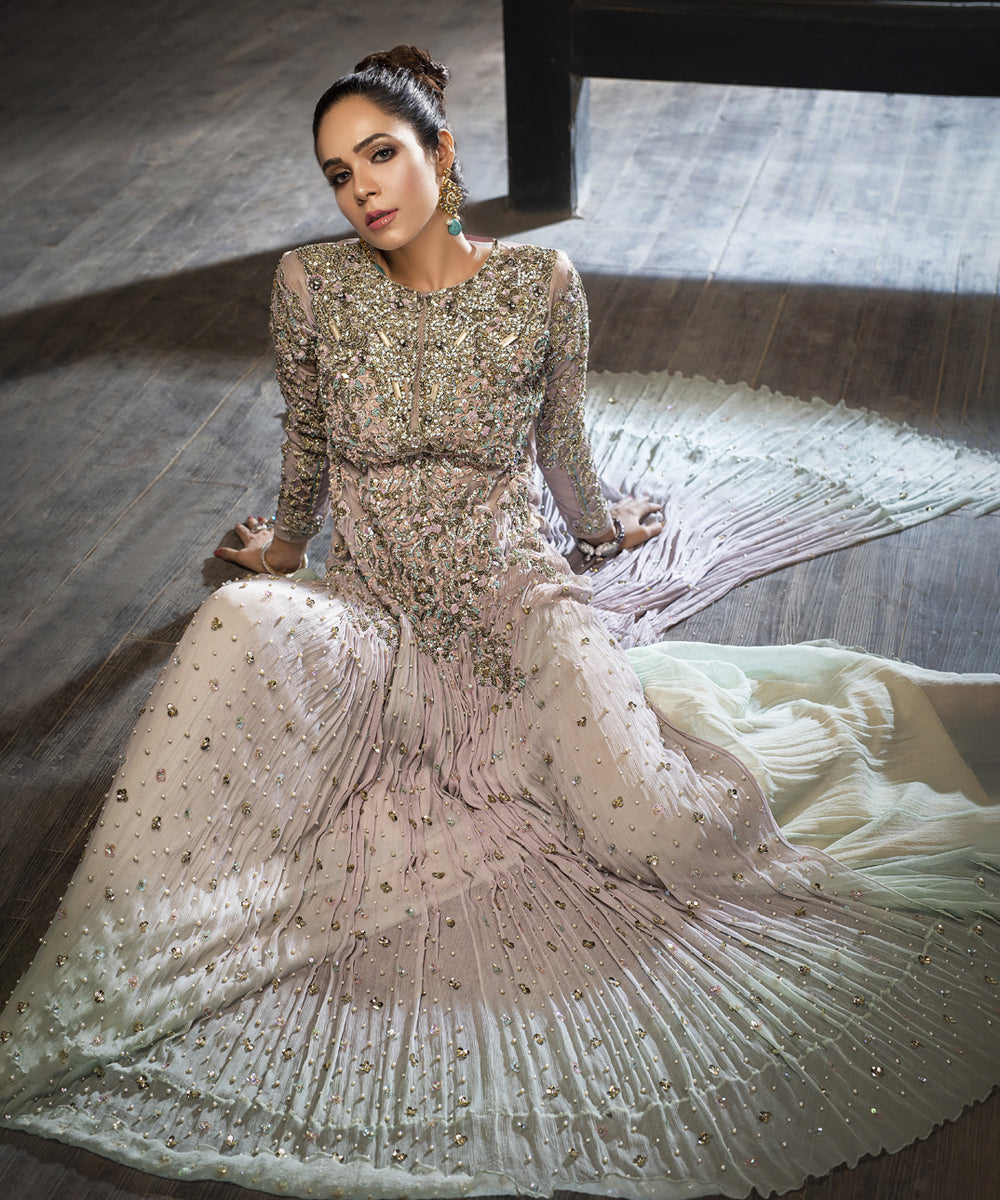 Silver Embellished Net Organza Gown (1-Pc) - Image 1