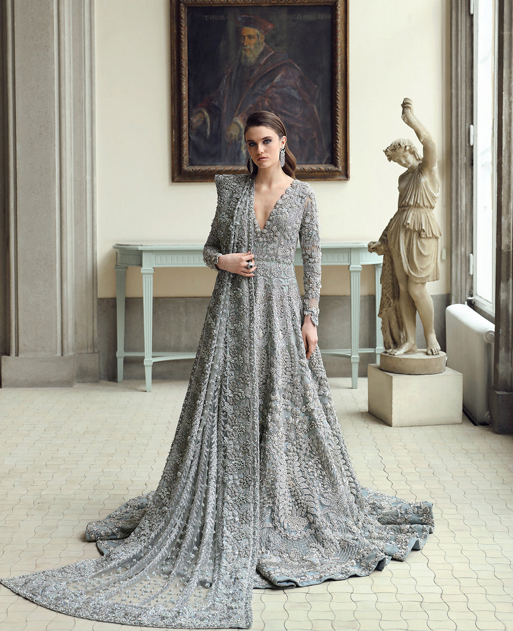 Pakistani Silver Grey Embellished Organza Bridal Gown (1-Pc) - Image 1