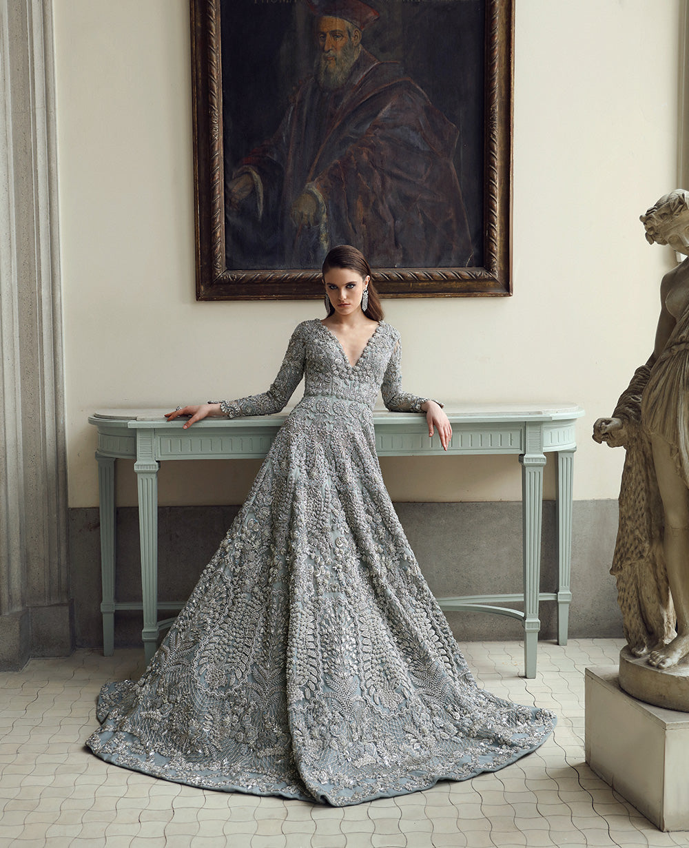 Pakistani Silver Grey Embellished Organza Bridal Gown (1-Pc) - Image 4