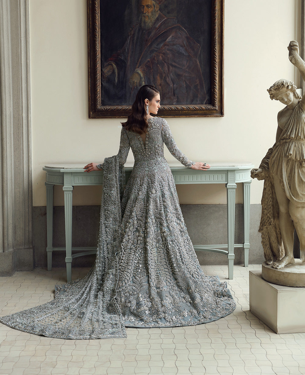 Pakistani Silver Grey Embellished Organza Bridal Gown (1-Pc) - Image 6
