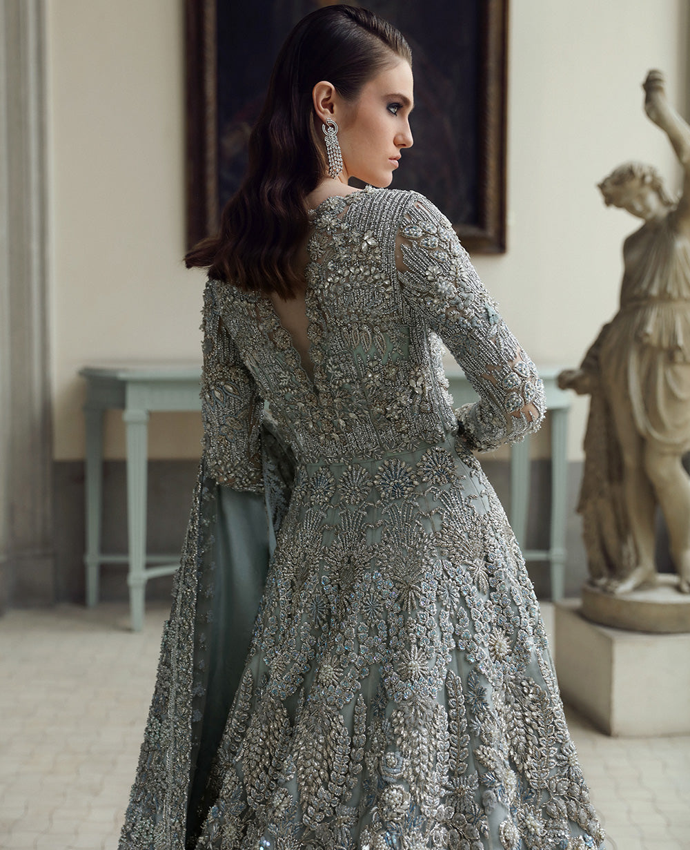 Pakistani Silver Grey Embellished Organza Bridal Gown (1-Pc) - Image 7