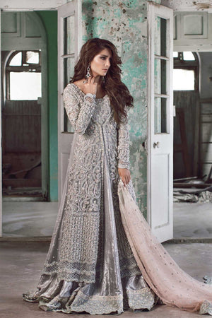 Pakistani Silver Grey Embroidered Organza Velvet Bridal Gown (2-Piece) - Image 1
