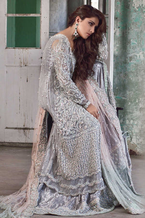 Pakistani Silver Grey Embroidered Organza Velvet Bridal Gown (2-Piece) - Image 2