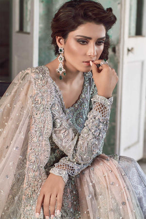 Pakistani Silver Grey Embroidered Organza Velvet Bridal Gown (2-Piece) - Image 3