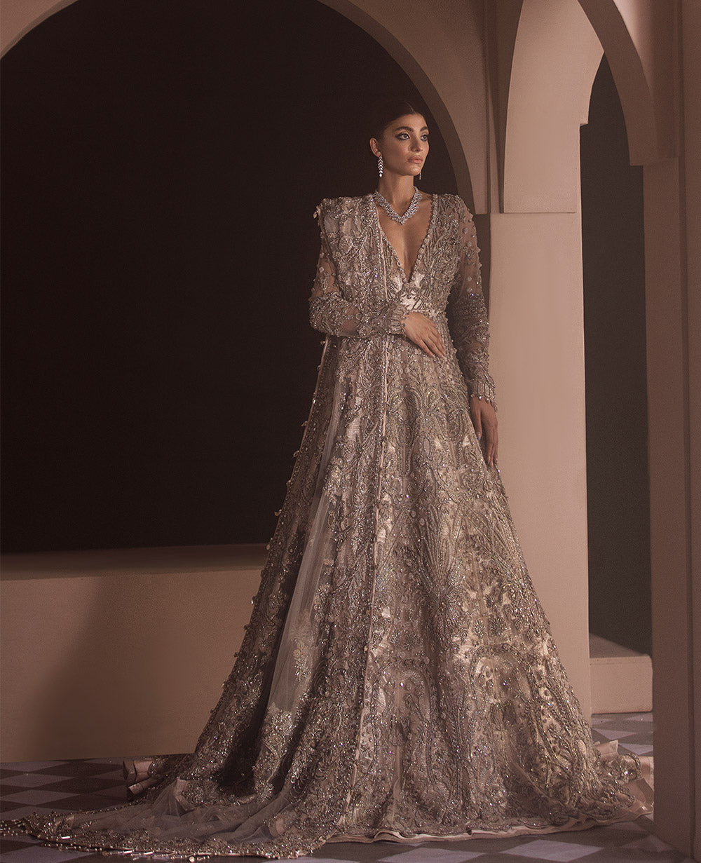 Champagne Silver Embellished Net Bridal Gown (2-Piece) - Image 1