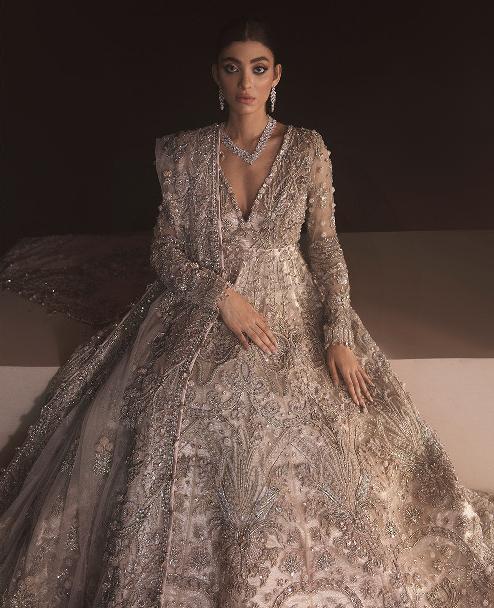 Champagne Silver Embellished Net Bridal Gown (2-Piece) - Image 3